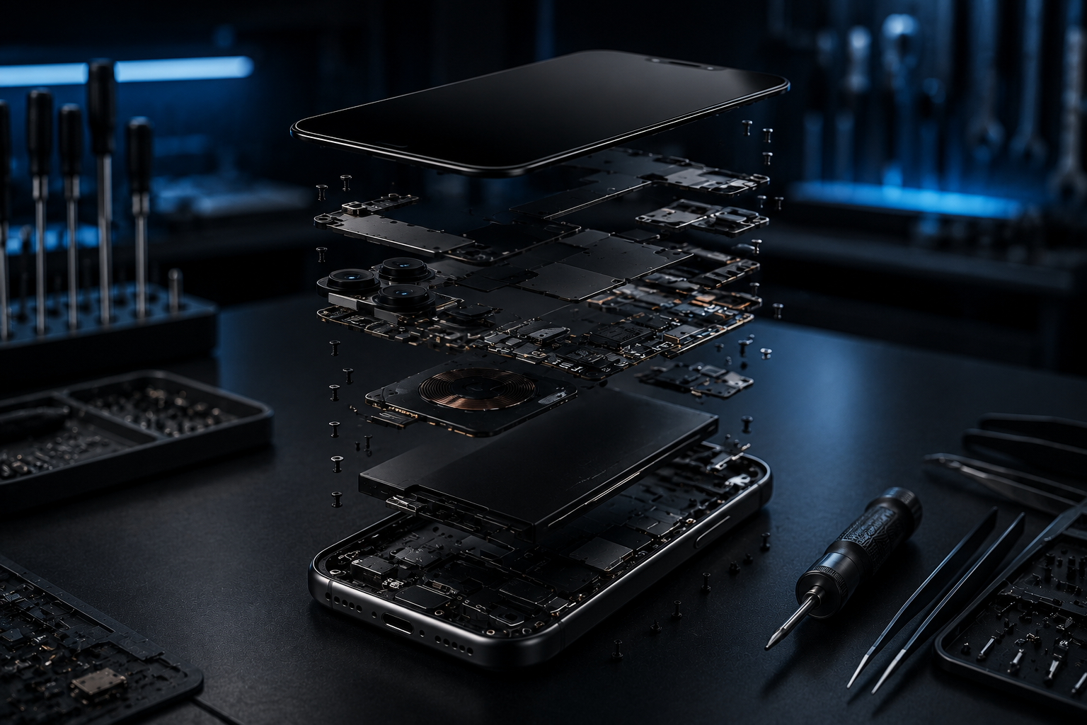 Exploded iPhone on a technician's bench with precision tools
